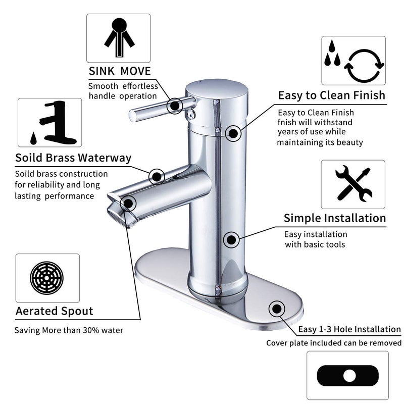 GGStudy Chrome Single Handle 1 Hole Bathroom Sink Faucet Matching Pop Up Drain with Overflow Washingroom Faucet Bathroom Vantity Faucet - Image 3